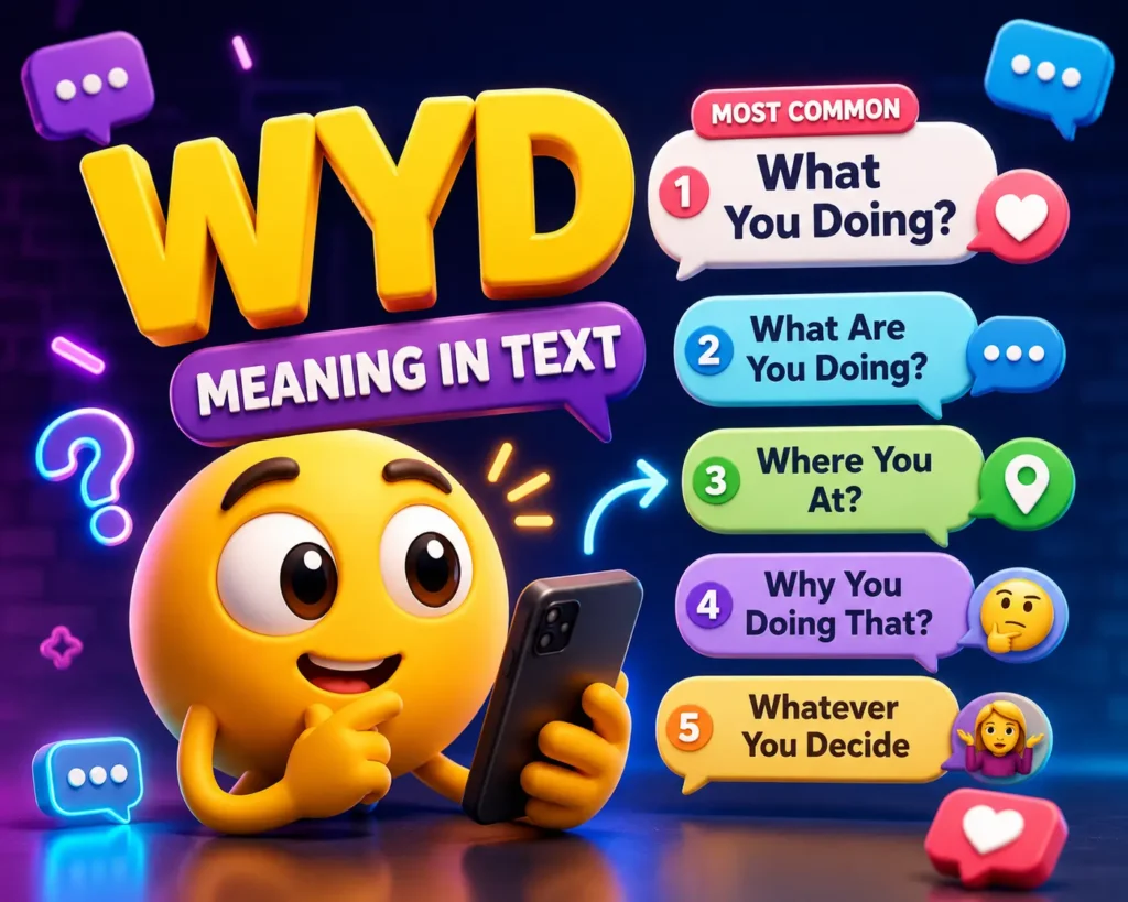 3D featured image for "WYD Meaning in Text" showing a thinking emoji character holding a smartphone with the keyword "WYD" and its common meanings, surrounded by colorful chat bubbles, messaging icons, and social media elements on a vibrant blue and purple gradient background.