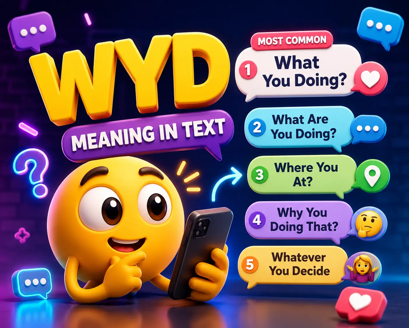3D featured image for "WYD Meaning in Text" showing a thinking emoji character holding a smartphone with the keyword "WYD" and its common meanings, surrounded by colorful chat bubbles, messaging icons, and social media elements on a vibrant blue and purple gradient background.