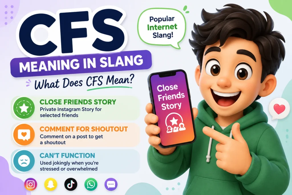 Featured image illustrating the meaning of CFS in slang with a smiling cartoon character holding a smartphone, highlighting its primary meaning "Close Friends Story" and other possible meanings including "Comment for Shoutout" and "Can't Function," alongside social media icons representing Instagram, TikTok, Snapchat, and WhatsApp.