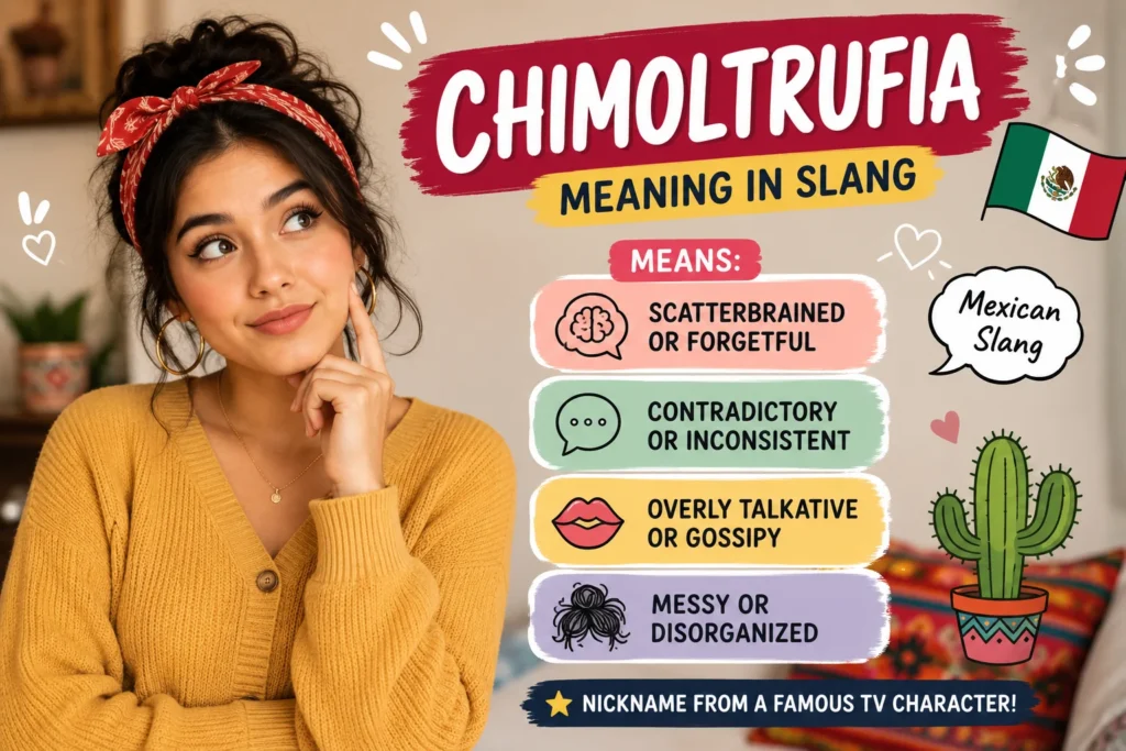 Featured image for "Chimoltrufia Meaning in Slang" showing a smiling young woman in a mustard sweater beside the keyword "Chimoltrufia" with its main meanings: scatterbrained or forgetful, contradictory or inconsistent, overly talkative or gossipy, and messy or disorganized, along with subtle Mexican-inspired design elements highlighting its cultural origin.