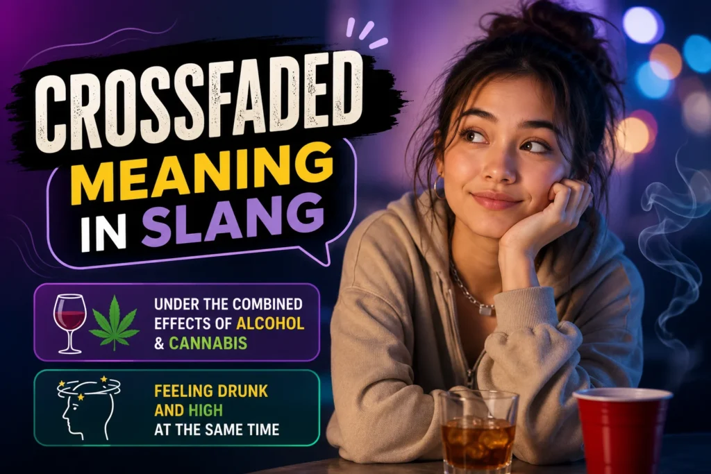 Featured image for "Crossfaded Meaning in Slang" showing a young woman in a nightlife setting with the keywords "Under the Combined Effects of Alcohol & Cannabis" and "Feeling Drunk and High at the Same Time," illustrating the established slang meaning in an informational, non-promotional way.
