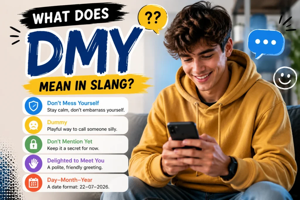 Featured image illustrating the meaning of "DMY" in slang with a smiling young man wearing a mustard-yellow hoodie while texting on his smartphone in a modern living room. The design highlights the keyword "DMY" with its possible meanings: "Don't Mess Yourself" (primary slang meaning), "Dummy," "Don't Mention Yet," "Delighted to Meet You," and "Day-Month-Year" (non-slang date format), using colorful chat bubbles, messaging icons, and a bright blue-and-yellow color scheme.