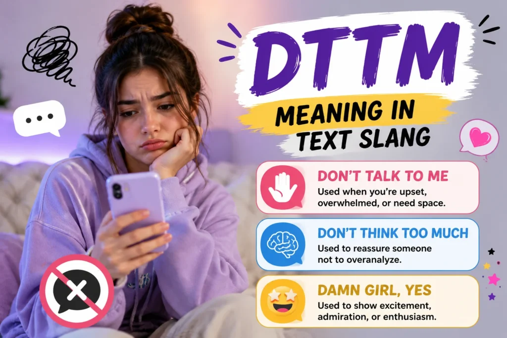 Featured image illustrating the meaning of "DTTM" in text slang with a stylish young woman wearing a green bomber jacket and headphones while looking at her smartphone in a colorful urban setting. The design highlights the keyword "DTTM" with its possible meanings: "Don't Talk to Me" (primary slang meaning), "Don't Think Too Much," and "Damn Girl, Yes," using modern chat bubbles, messaging icons, and vibrant teal, purple, and orange accents.