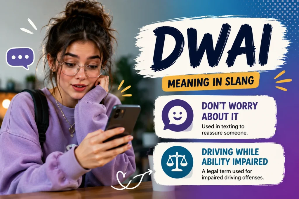 Featured image illustrating the meaning of "DWAI" in text slang with a friendly young man wearing a yellow hoodie and holding a smartphone while standing in a colorful modern city setting. The design highlights the keyword "DWAI" with its possible meanings: "Don't Worry About It" (primary slang meaning) and "Driving While Ability Impaired" (legal meaning), using clean chat bubbles, messaging icons, and vibrant blue, orange, and teal accents for a modern social media style.