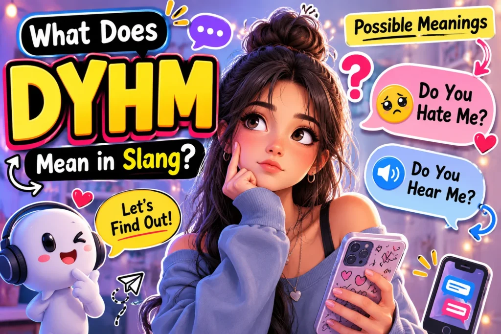 DYHM meaning slang featured image showing a stylish anime-inspired young woman holding a smartphone alongside a cute 3D chat bubble mascot. Colorful speech bubbles display the possible meanings "Do You Hate Me?" and "Do You Hear Me?" against a vibrant social media-themed background, representing texting slang, online messaging, and casual digital conversations.