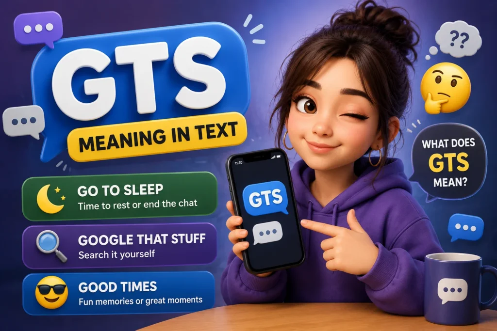 Featured image for "GTS Meaning in Text" showing a stylish anime-inspired young woman holding a smartphone alongside colorful 3D chat bubbles displaying the keyword "GTS" and its common meanings: "Go To Sleep," "Google That Stuff," and "Good Times." The design uses modern messaging icons and a texting-themed background to illustrate the acronym in a fun, educational, and non-promotional way.