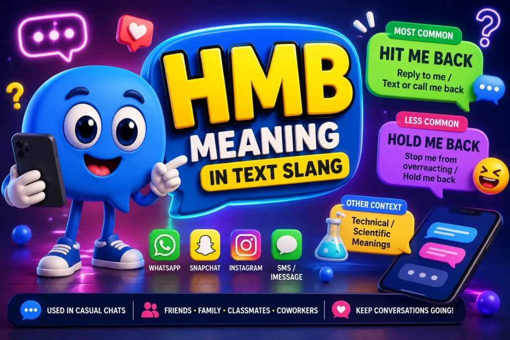 HMB meaning in text slang featured image with a cheerful 3D chat bubble mascot holding a smartphone. The design highlights the most common meaning "Hit Me Back" and the less common meaning "Hold Me Back" using colorful speech bubbles, messaging app icons, and a vibrant social media-inspired background representing casual texting and online conversations.