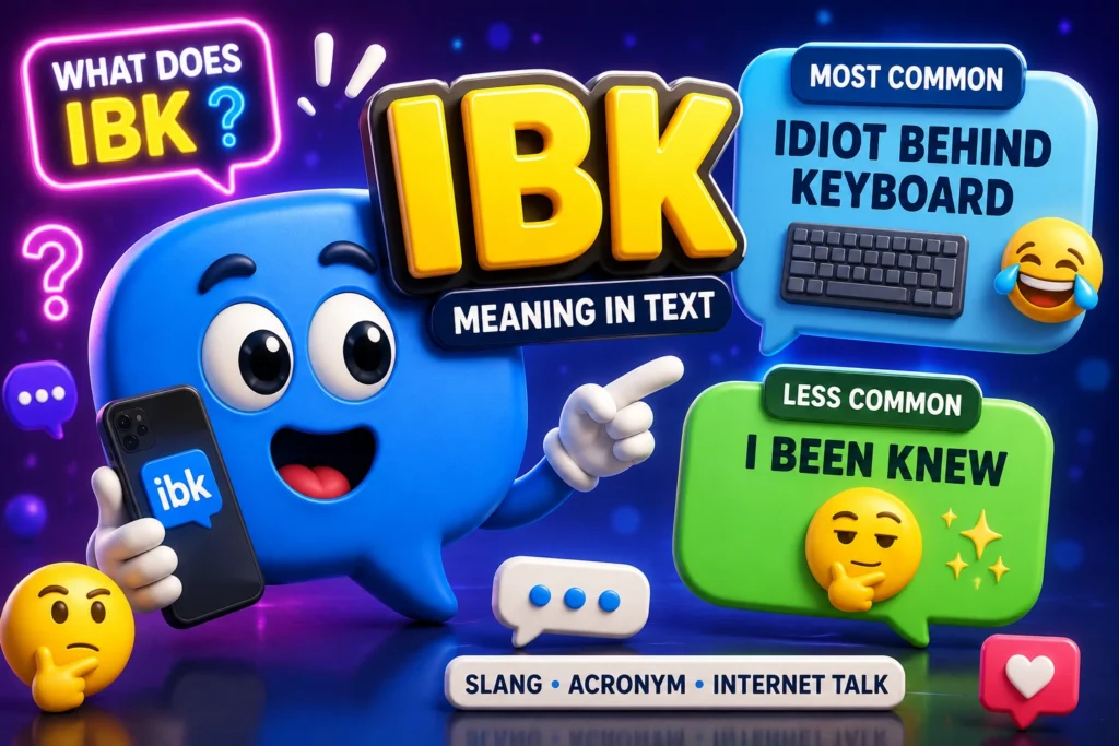 IBK meaning in text featured image with a cheerful 3D chat bubble mascot holding a smartphone. The image highlights the two genuine meanings of IBK—"Idiot Behind Keyboard" (most common) and "I Been Knew" (less common)—using colorful speech bubbles, expressive emojis, and a vibrant messaging-themed background that represents modern texting and online conversations.