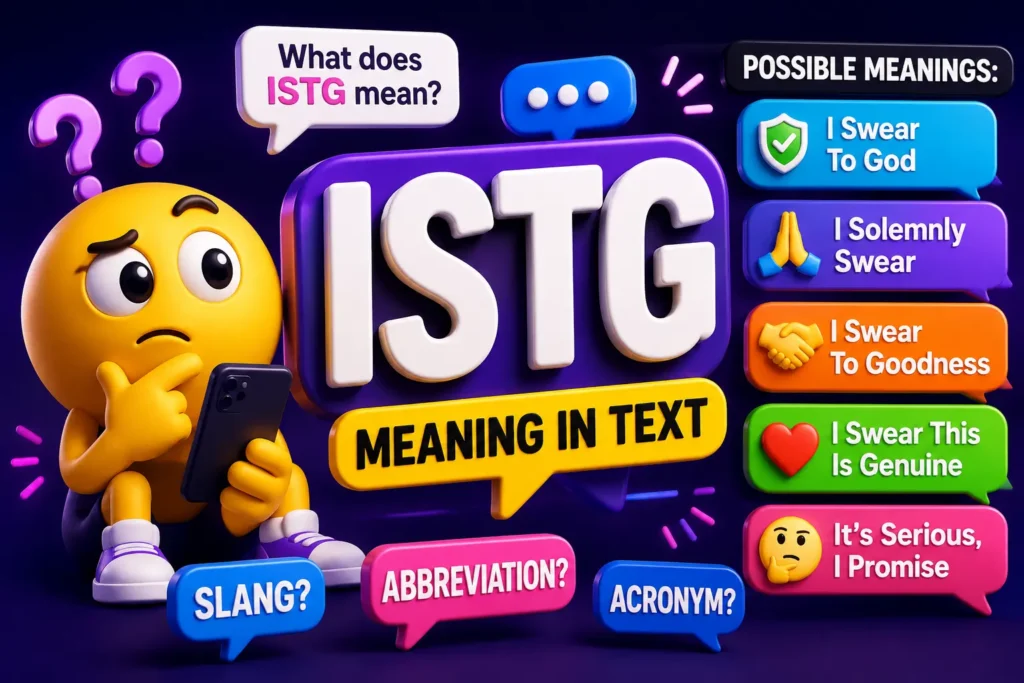 3D featured image showing the keyword "ISTG" with its possible meaning "I Swear to God," alongside a confused emoji character holding a smartphone, surrounded by colorful chat bubbles, messaging icons, and a modern blue-purple gradient background representing texting slang.