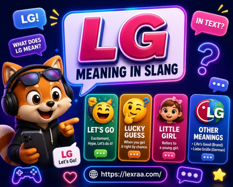 LG meaning slang featured in a vibrant 3D illustration with a playful cartoon fox holding a smartphone and pointing to the bold keyword LG, alongside its common meanings—Let's Go, Lucky Guess, and Little Girl—plus other meanings Life's Good and Liebe Grüße, on a colorful blue and purple messaging-themed background with chat bubbles, emojis, gaming icons, and the website Lexraa.com displayed at the bottom.