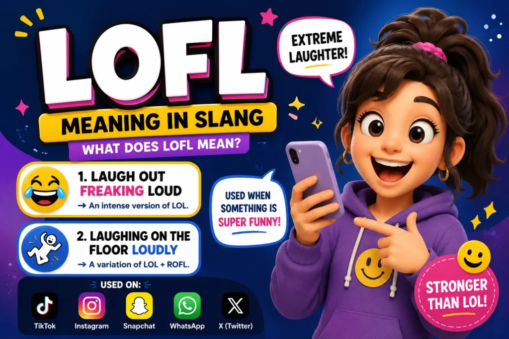 Featured image for "LOFL Meaning in Slang" showing a smiling animated girl holding a smartphone beside the acronym "LOFL" with its possible meanings: "Laugh Out Freaking Loud" (primary) and "Laughing on the Floor Loudly," plus icons representing TikTok, Instagram, Snapchat, WhatsApp, and X to illustrate common social media usage.
