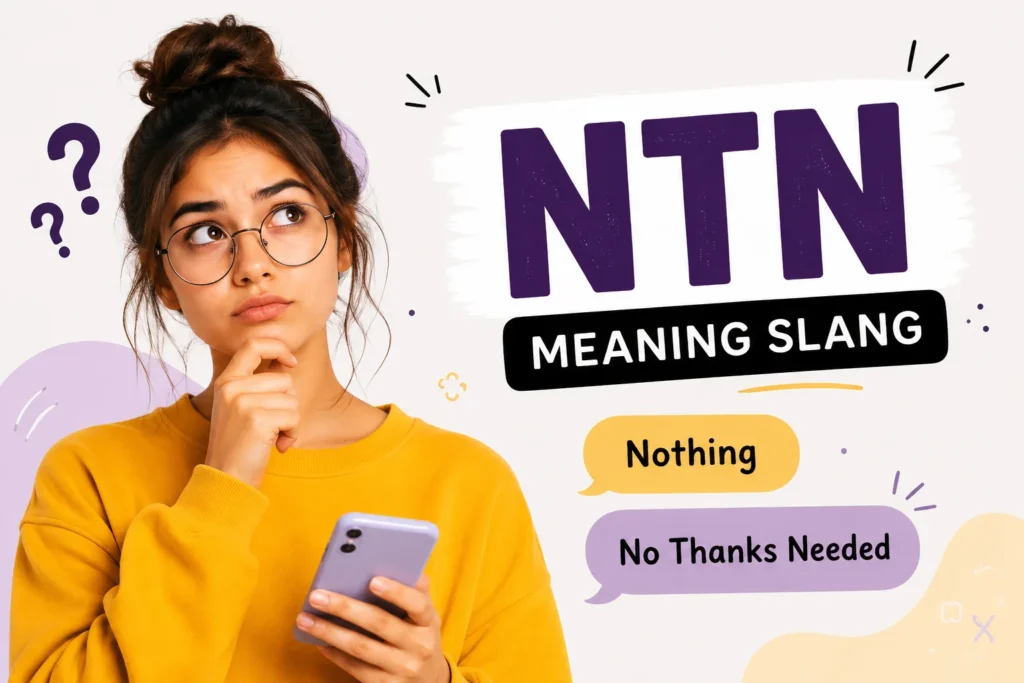 A puzzled young woman holding a smartphone beside the text "NTN Meaning Slang" with the possible meanings "Nothing" and "No Thanks Needed" displayed in colorful speech bubbles against a clean, modern background.