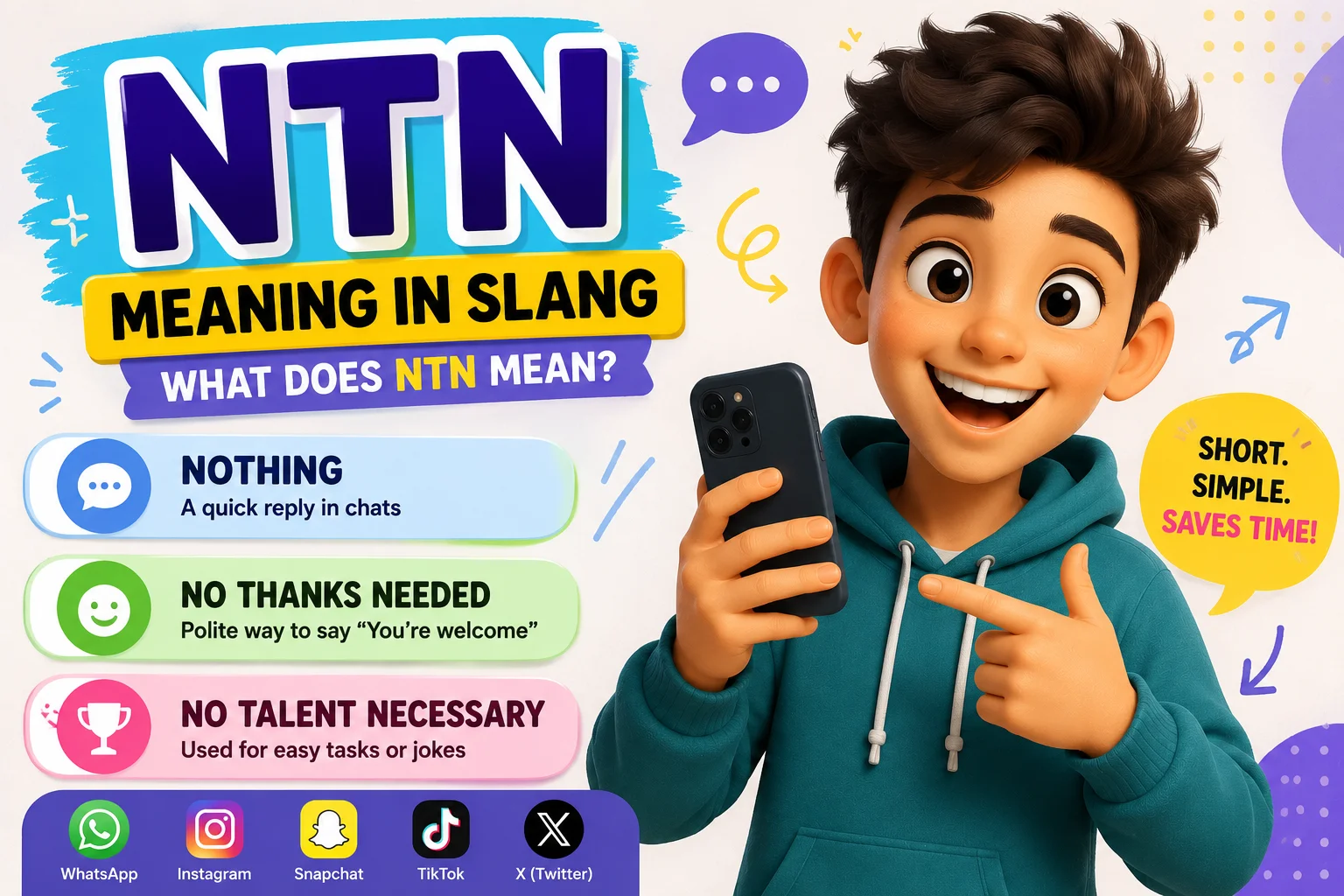 Featured image for "NTN Meaning in Slang" showing a cheerful smiling young man holding a smartphone with the keyword "NTN" and its possible meanings: "Nothing" (primary), "No Thanks Needed," and "No Talent Necessary," alongside colorful chat bubbles and social media icons representing texting, WhatsApp, Instagram, Snapchat, TikTok, and X.