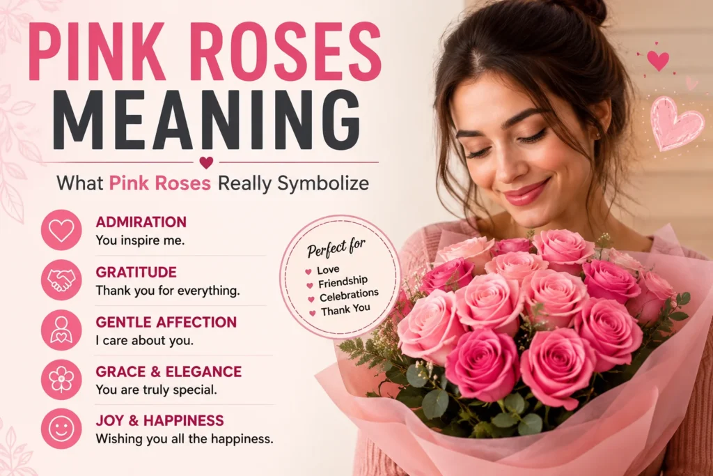 A smiling woman holding a bouquet of pink roses beside the title "Pink Roses Meaning," illustrating the flowers' symbolism of admiration, gratitude, gentle affection, grace, elegance, and happiness.