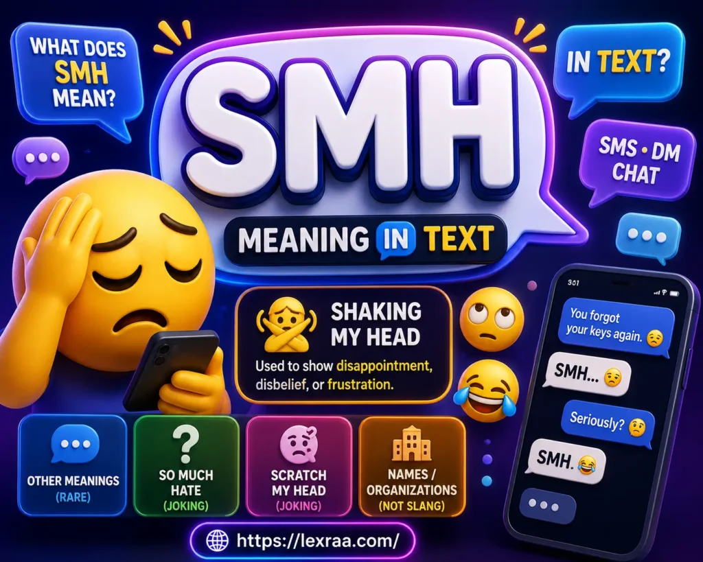SMH meaning in text featured in a vibrant 3D illustration with a facepalm emoji character holding a smartphone, highlighting the bold keyword SMH and its primary meaning "Shaking My Head." The design includes colorful messaging app elements, chat bubbles, smartphone notifications, reaction emojis, and a modern blue-purple gradient background
