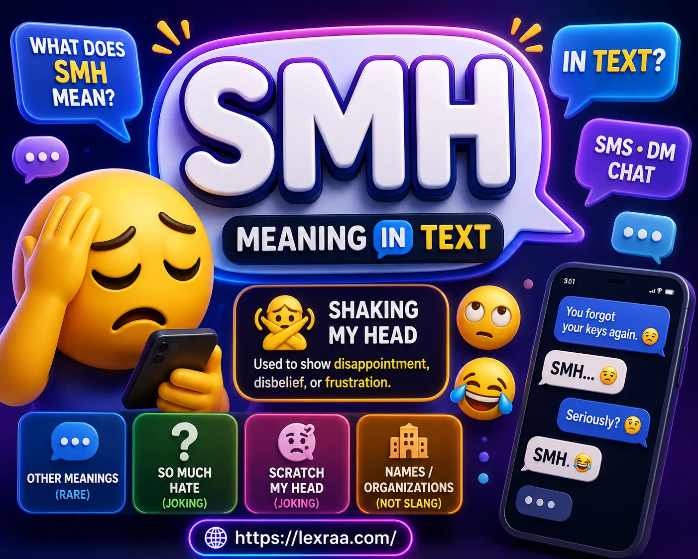 SMH meaning in text featured in a vibrant 3D illustration with a facepalm emoji character holding a smartphone, highlighting the bold keyword SMH and its primary meaning "Shaking My Head." The design includes colorful messaging app elements, chat bubbles, smartphone notifications, reaction emojis, and a modern blue-purple gradient background