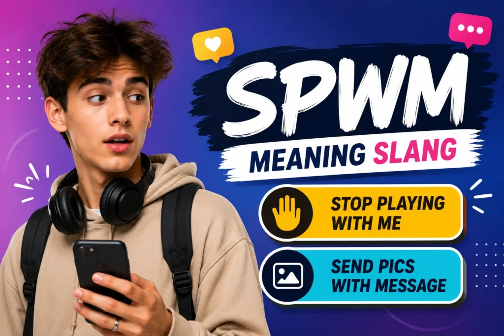 A surprised young man holding a smartphone next to the text "SPWM Meaning Slang" with the possible meanings "Stop Playing With Me" and "Send Pics With Message" displayed in colorful speech boxes on a vibrant blue and purple social media-inspired background.