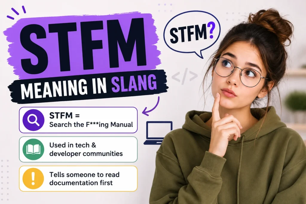 Featured image showing a thoughtful young woman beside the title "STFM Meaning in Slang" with the possible meaning "Search the F***ing Manual" and visual icons representing technical documentation and developer communities.