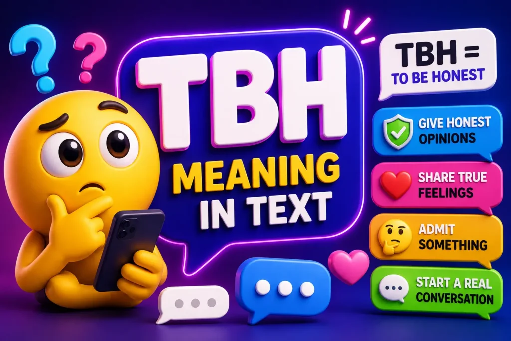 3D featured image displaying the keyword "TBH" with its meaning "To Be Honest," featuring a thoughtful emoji character holding a smartphone, surrounded by colorful chat bubbles, messaging icons, and a vibrant blue-purple gradient background representing modern texting slang and online conversations.