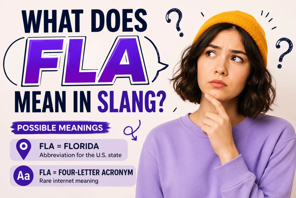 Illustrated featured image showing a thoughtful young woman beside the text "What Does FLA Mean in Slang?" with the possible meanings "FLA = Florida" and "FLA = Four-Letter Acronym" in a clean purple-and-white design.