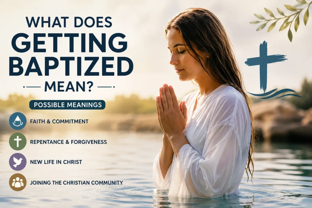 What Does Getting Baptized Mean featured image showing a young woman standing in water during a Christian baptism ceremony, with symbols representing faith, repentance, forgiveness, new life in Christ, and joining the Christian community.