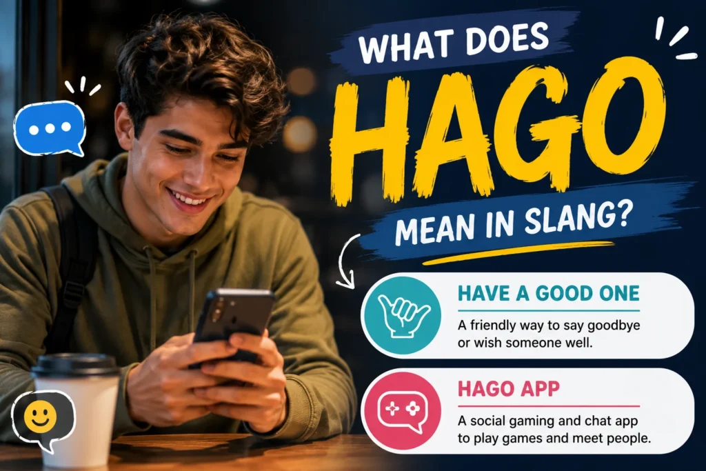 Featured image illustrating the meaning of "HAGO" in slang with a friendly young woman wearing a green hoodie and a knitted beanie, waving goodbye while holding a smartphone outdoors in an autumn park. The design highlights the keyword "HAGO" with its possible meanings: "Have A Good One" (primary texting slang) and "Hago App" (social gaming and chat app), using modern chat bubbles, subtle gaming and messaging icons, and a warm orange-and-green color palette.