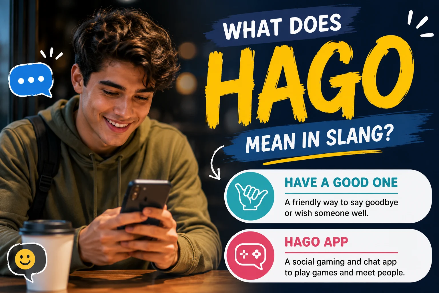 Featured image illustrating the meaning of "HAGO" in slang with a friendly young woman wearing a green hoodie and a knitted beanie, waving goodbye while holding a smartphone outdoors in an autumn park. The design highlights the keyword "HAGO" with its possible meanings: "Have A Good One" (primary texting slang) and "Hago App" (social gaming and chat app), using modern chat bubbles, subtle gaming and messaging icons, and a warm orange-and-green color palette.