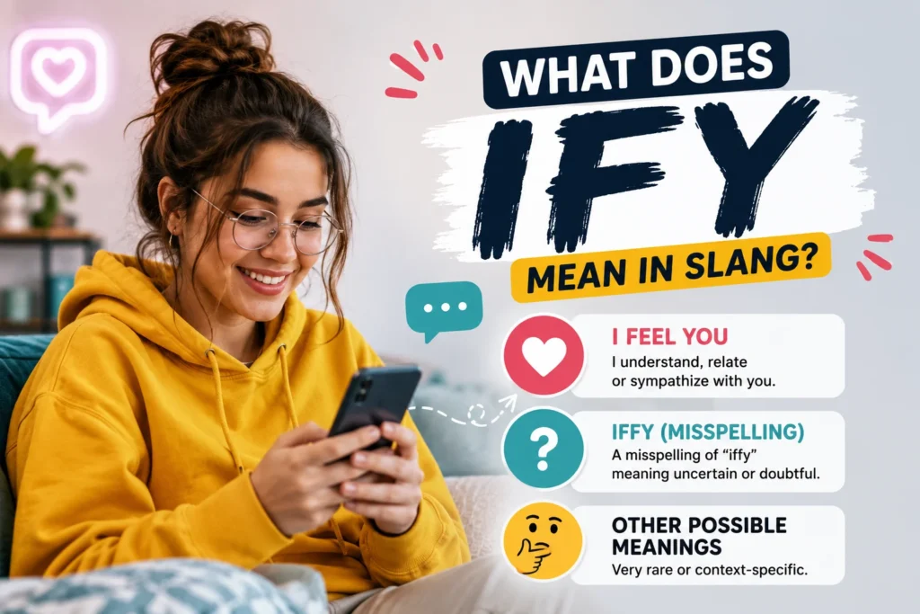 Featured image illustrating the meaning of "IFY" in slang with a cheerful young man wearing a casual denim jacket and headphones, smiling while texting on his smartphone in a cozy café. The design highlights the keyword "IFY" with its possible meanings: "I Feel You" (primary slang meaning) and "Iffy" (common misspelling meaning uncertain), using modern chat bubbles, subtle social media icons, and a clean blue-and-orange color palette.