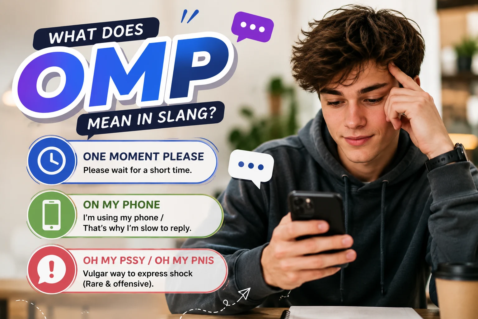Featured image explaining the meaning of "OMP" in text slang with a casually dressed young man using a smartphone in a cozy modern setting. The design highlights the keyword "OMP" and its possible meanings: "One Moment Please," "On My Phone," and the rare slang expression "Oh My P** / Oh My P****," using colorful chat bubbles, messaging icons, and a clean social media-inspired layout.**