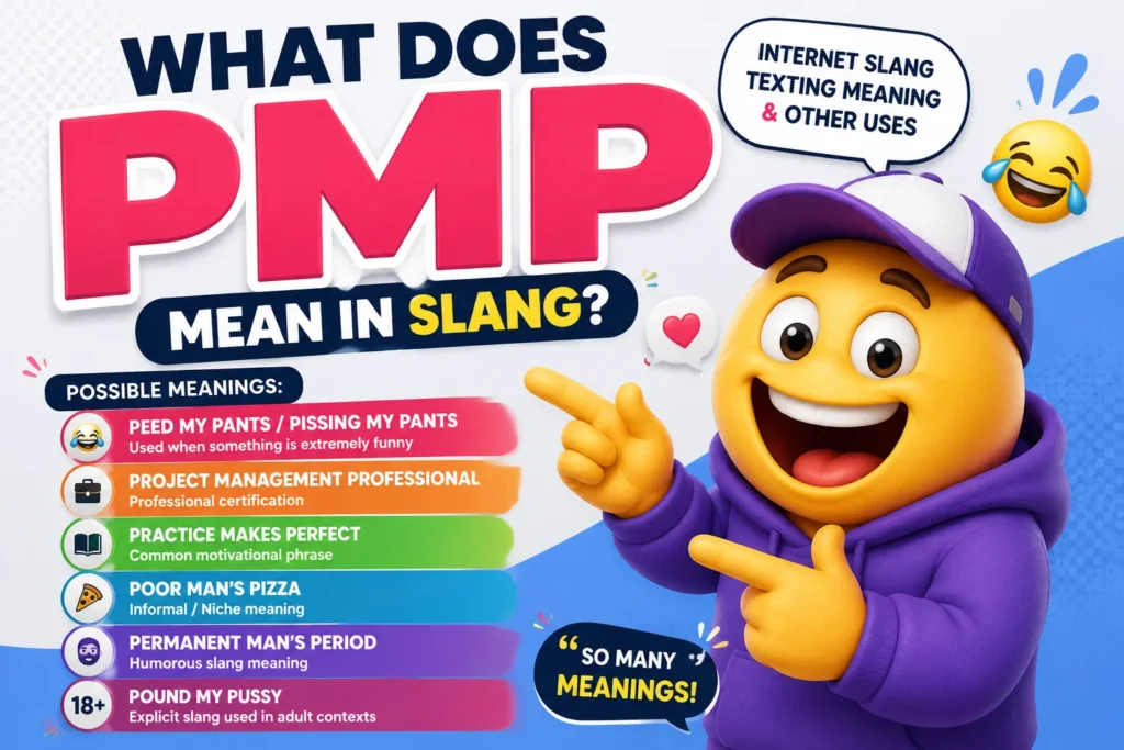 Featured image for "What Does PMP Mean in Slang?" showing a smiling 3D emoji character pointing to the acronym "PMP" with its possible meanings, including "Peed My Pants" (slang), "Project Management Professional," "Practice Makes Perfect," "Poor Man's Pizza," and other context-based interpretations.