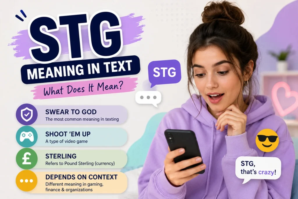 Featured image for "What Does STG Mean in Text" showing a surprised young woman looking at her smartphone with the keyword "STG Meaning in Text" and its common meanings: Swear to God (texting slang), Sterling (finance), Shoot 'Em Up (gaming), and other context-based uses, surrounded by colorful chat bubbles and social media-inspired graphics.