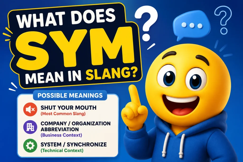 Featured image for "What Does SYM Mean in Slang?" showing a smiling 3D emoji character pointing to the keyword "SYM" with its possible meanings, including "Shut Your Mouth" (most common slang), a company or organization abbreviation, and a technical abbreviation, representing texting and social media communication.