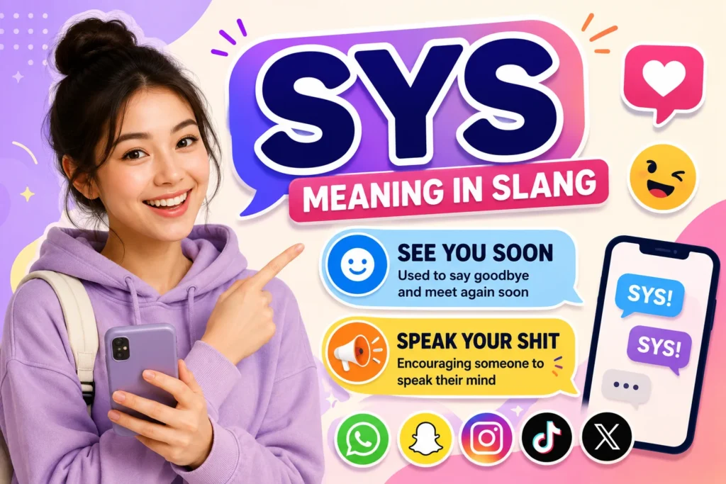 Featured image for "What Does SYS Mean in Slang" showing a smiling young woman holding a smartphone beside the keyword "SYS" with its two common meanings: "See You Soon" (primary) and "Speak Your Shit" (secondary), along with colorful chat bubbles and social media icons representing texting, WhatsApp, Snapchat, Instagram, TikTok, and X.