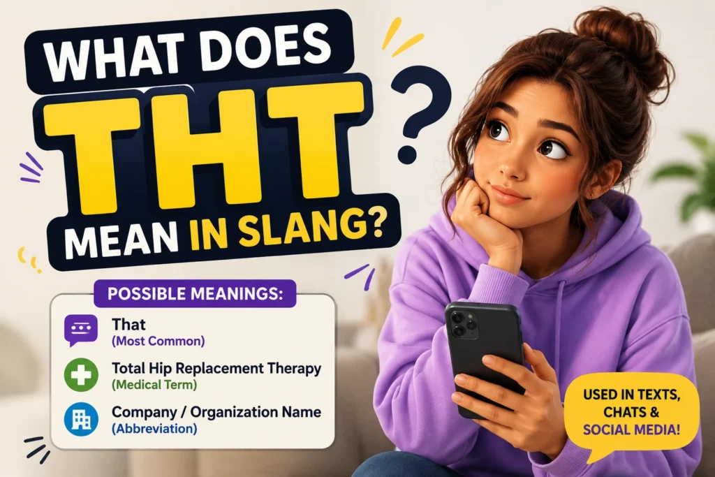 Featured image for "What Does THT Mean in Slang?" showing a young man looking at his smartphone with the text "THT" and possible meanings including "That" (most common), a medical abbreviation, and an organization abbreviation, representing texting and social media slang.