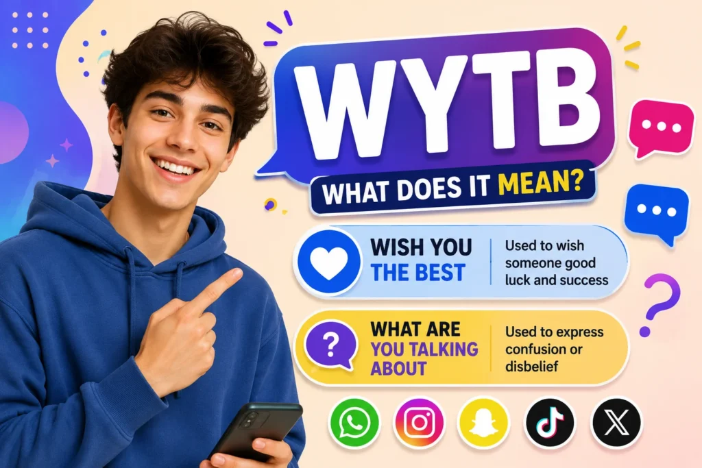 Featured image for "What Does WYTB Mean in Slang" showing a smiling young man holding a smartphone beside the keyword "WYTB" with its two common meanings: "Wish You the Best" (primary) and "What Are You Talking About" (secondary), plus colorful chat bubbles and social media icons representing WhatsApp, Instagram, Snapchat, TikTok, and X.