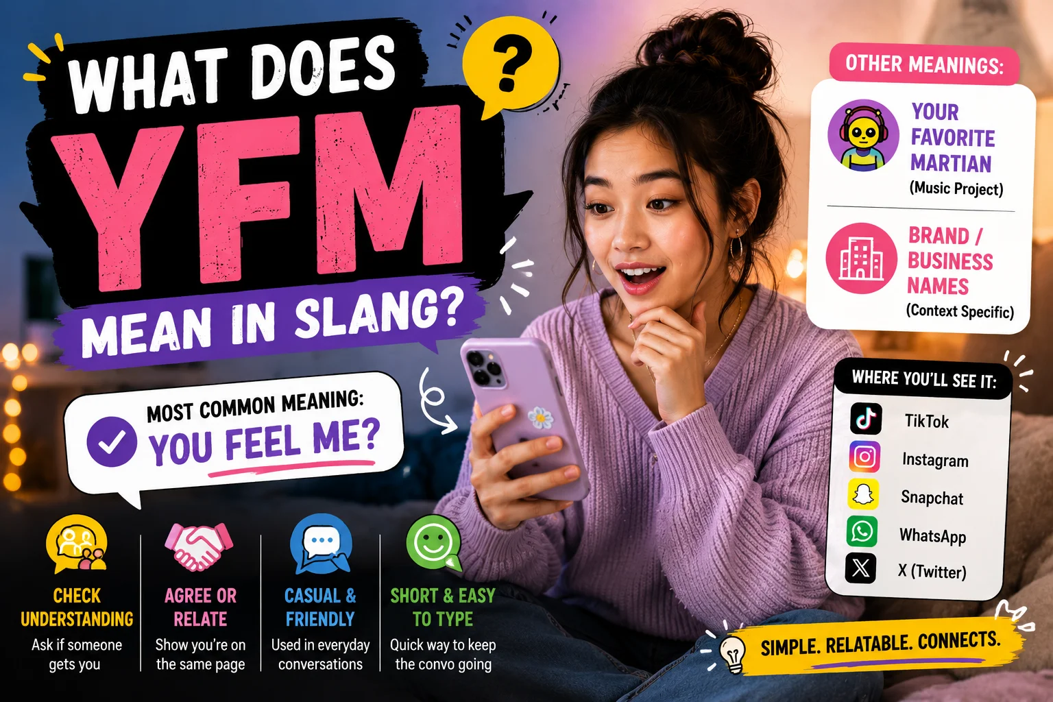 Featured image for "What Does YFM Mean in Slang?" featuring a surprised young woman looking at her smartphone beside the bold acronym "YFM." The design highlights the primary meaning "You Feel Me?" along with other meanings like "Your Favorite Martian" and brand or business names. Colorful chat bubbles, social media icons, and messaging graphics illustrate how YFM is commonly used in texting, TikTok, Instagram, Snapchat, WhatsApp, and X (Twitter).