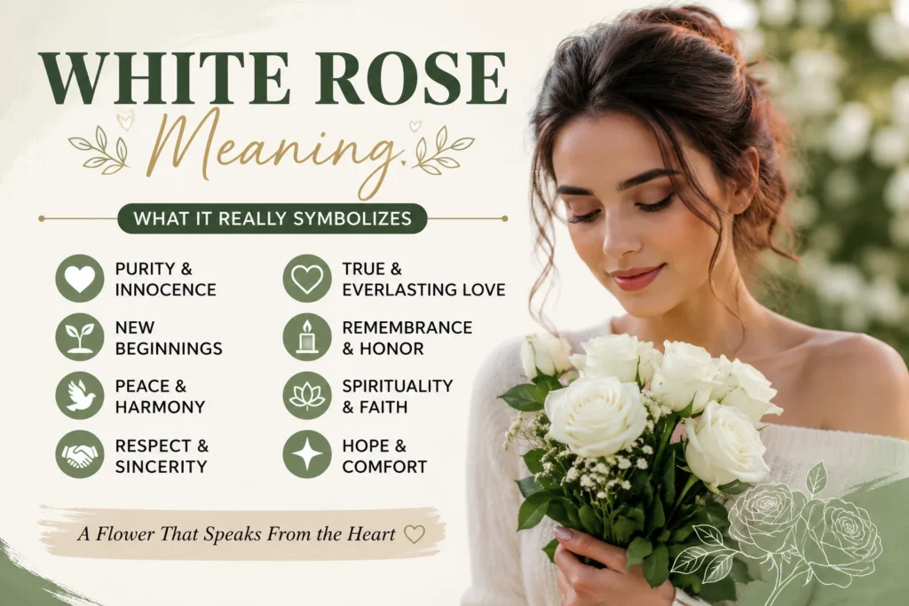 Elegant featured image for "White Rose Meaning" showing a graceful young woman holding a bouquet of white roses beside the keywords: Purity, Innocence, New Beginnings, Peace, Respect, and Remembrance, illustrating the timeless symbolism of white roses.