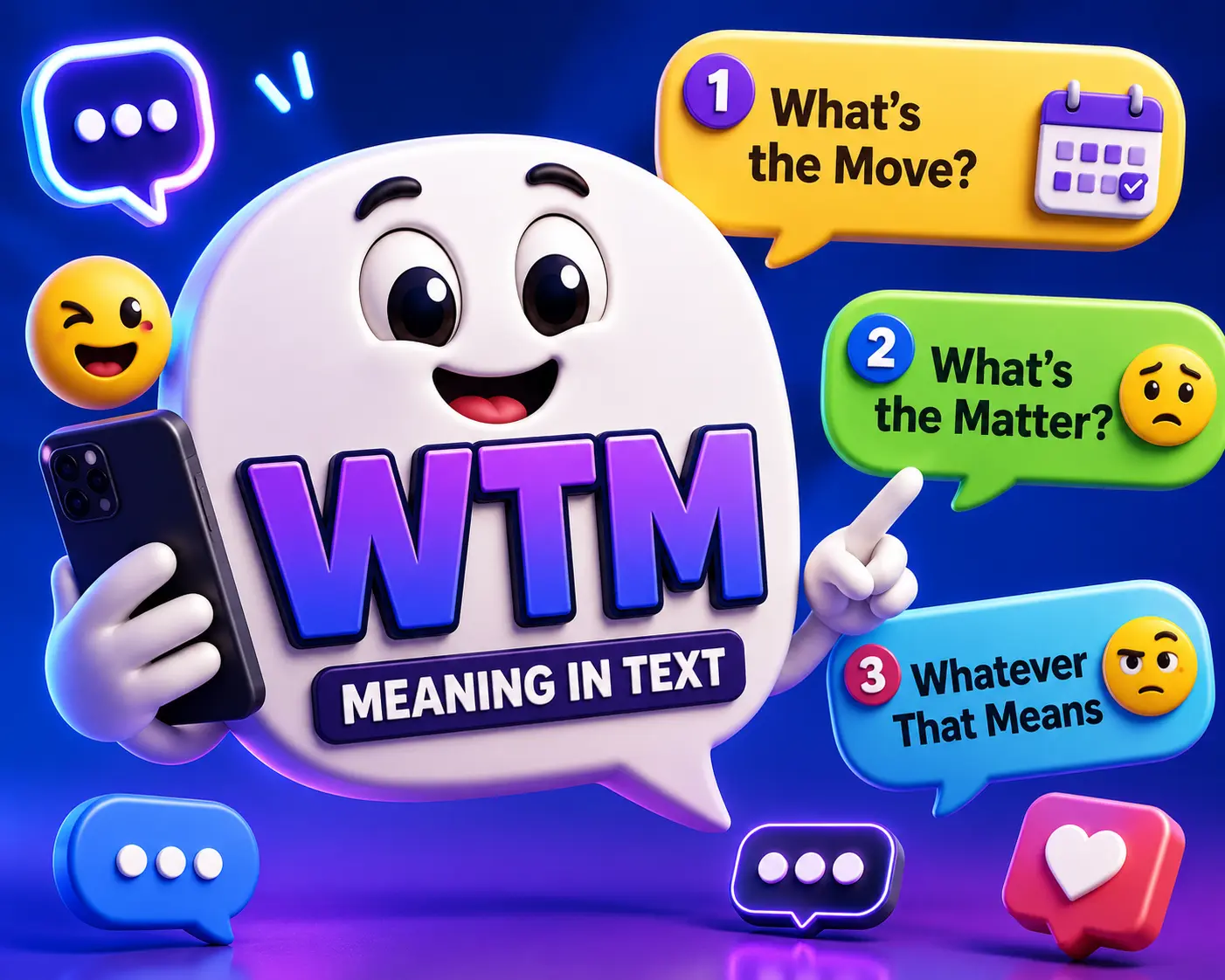 Colorful 3D featured image explaining "WTM meaning in text" with a friendly chat bubble mascot holding a smartphone, alongside the possible meanings "What's the Move?", "What's the Matter?", and "Whatever That Means," surrounded by messaging icons and expressive emojis on a vibrant blue-purple background.