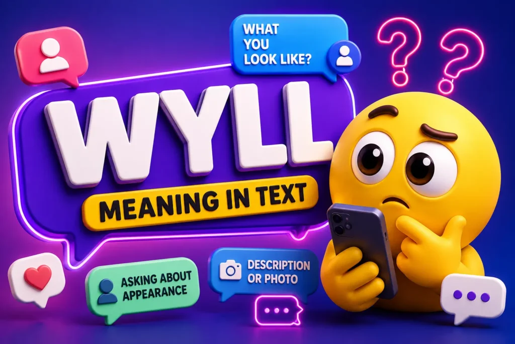 Alt text: 3D featured image for "WYLL meaning in text" showing a curious emoji character holding a smartphone beside the large keyword WYLL, with its meaning "What You Look Like" displayed over colorful chat bubbles, messaging icons, and a vibrant blue-purple gradient background.