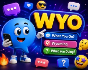 WYO meaning in text featured in a vibrant 3D illustration with a friendly chat bubble mascot holding a smartphone and pointing to the bold keyword WYO, alongside its common meanings—What You On?, Wyoming, and What You Doing?—against a colorful messaging-themed background with chat bubbles, emojis, and notifications.
