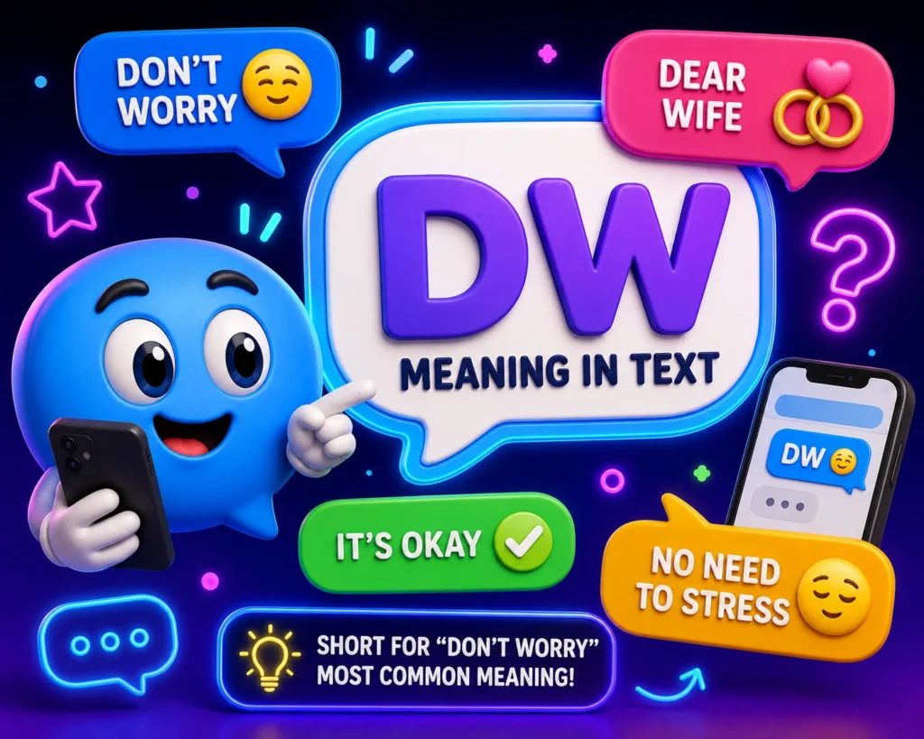 DW meaning in text explained with a colorful 3D chat mascot, smartphone, and speech bubbles showing “Don’t Worry” and other possible meanings.