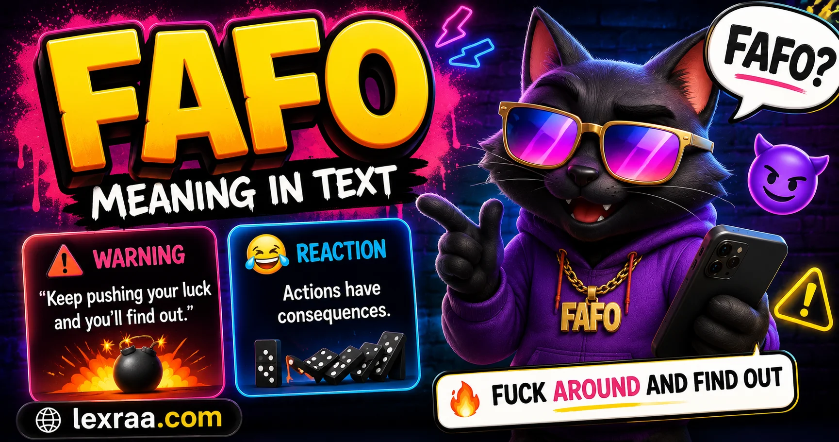 FAFO meaning in text featured image with a cartoon raccoon holding a smartphone, warning and consequence symbols, and the phrase “Fuck Around and Find Out,”