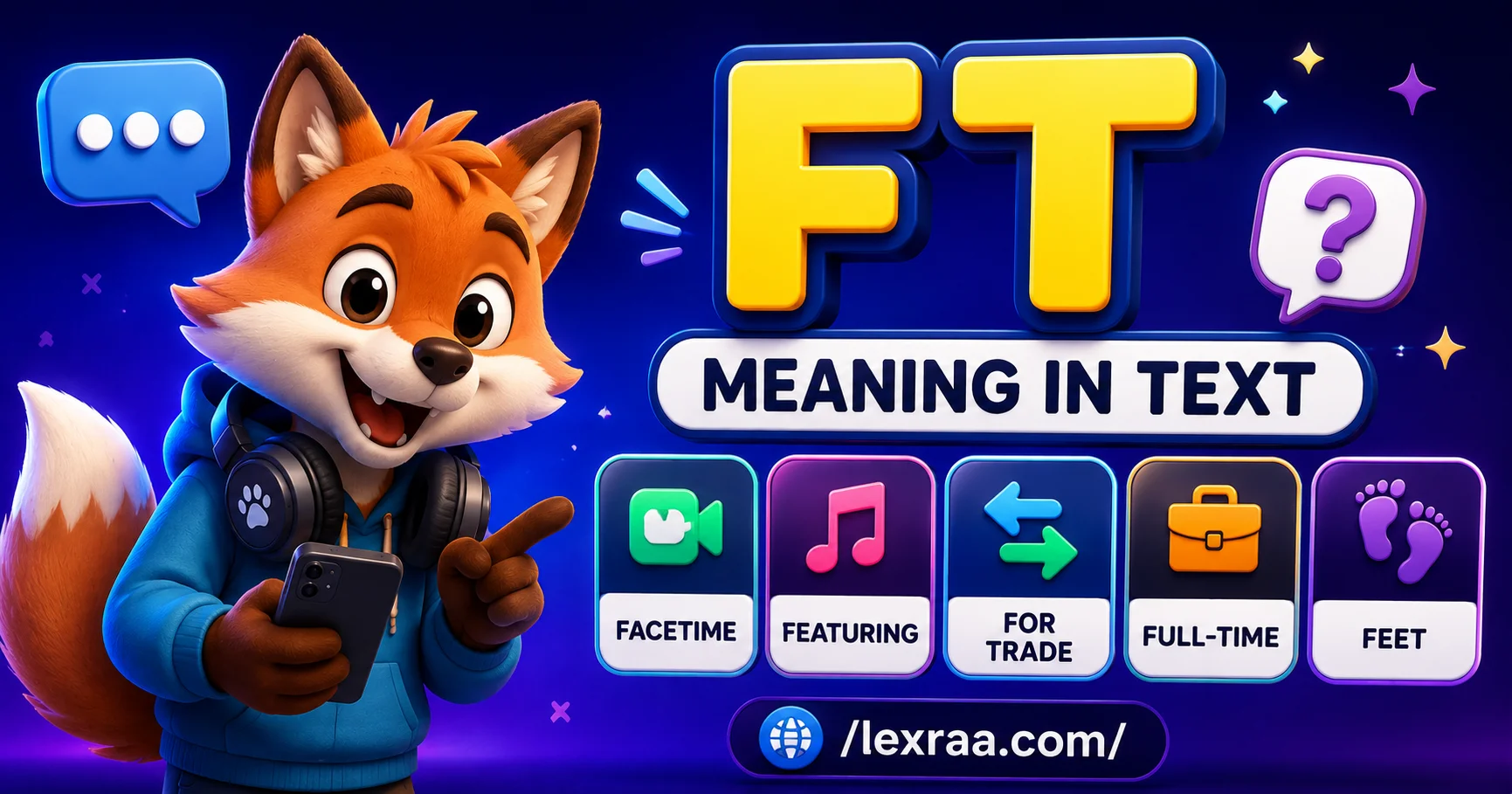 FT meaning in text slang, with a 3D cartoon fox holding a smartphone and visual examples for FaceTime, featuring, for trade, full-time, and feet,