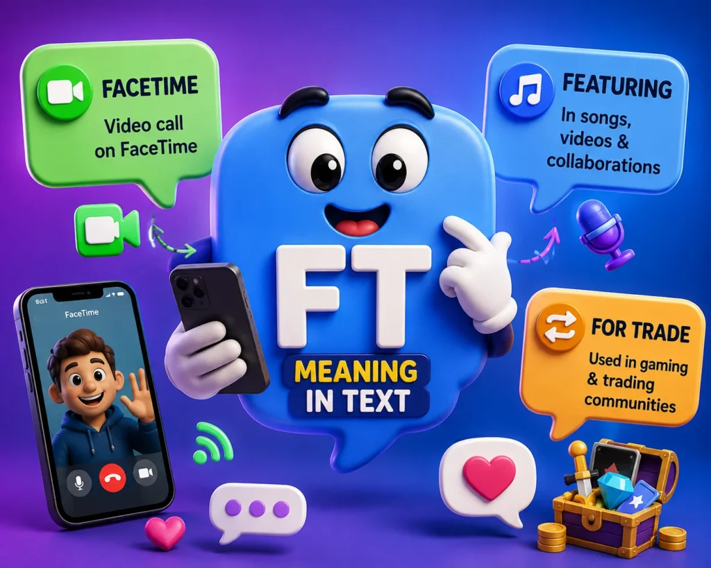 3D featured image illustrating FT meaning in text with a friendly speech bubble mascot holding a smartphone, highlighting the possible meanings FaceTime, Featuring, and For Trade using colorful chat bubbles, video call, music, and gaming icons.