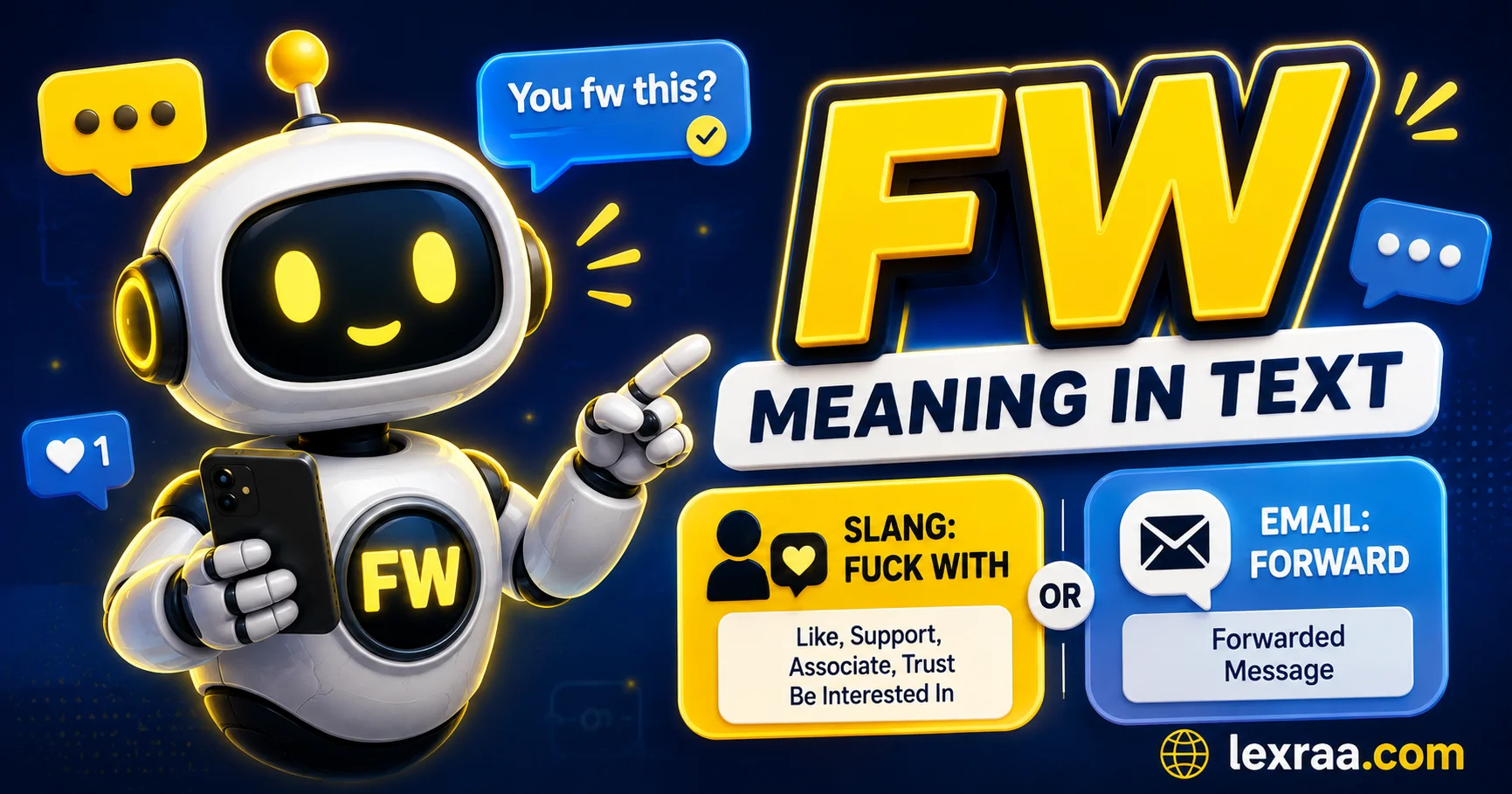 Glossy 3D robot holding a smartphone beside bold “FW Meaning in Text” text, showing FW as “Fuck With” in slang and “Forward” in email, on a dark navy background with yellow and blue accents.