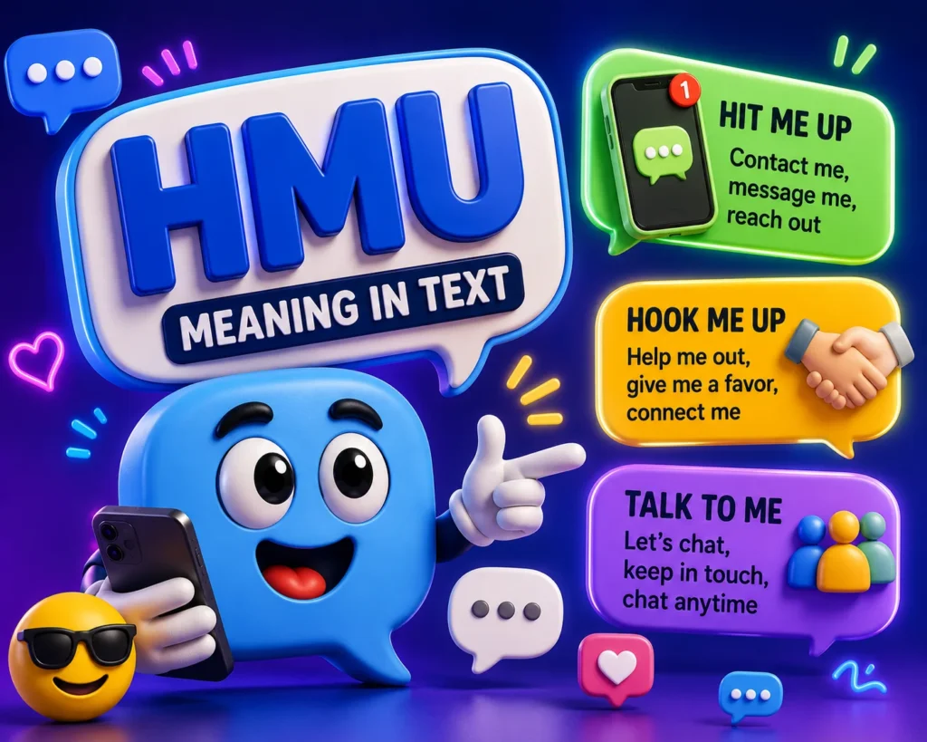 3D featured image illustrating HMU meaning in text with a cheerful chat bubble mascot holding a smartphone, highlighting the possible meanings Hit Me Up and Hook Me Up, surrounded by colorful messaging icons and social media chat elements.