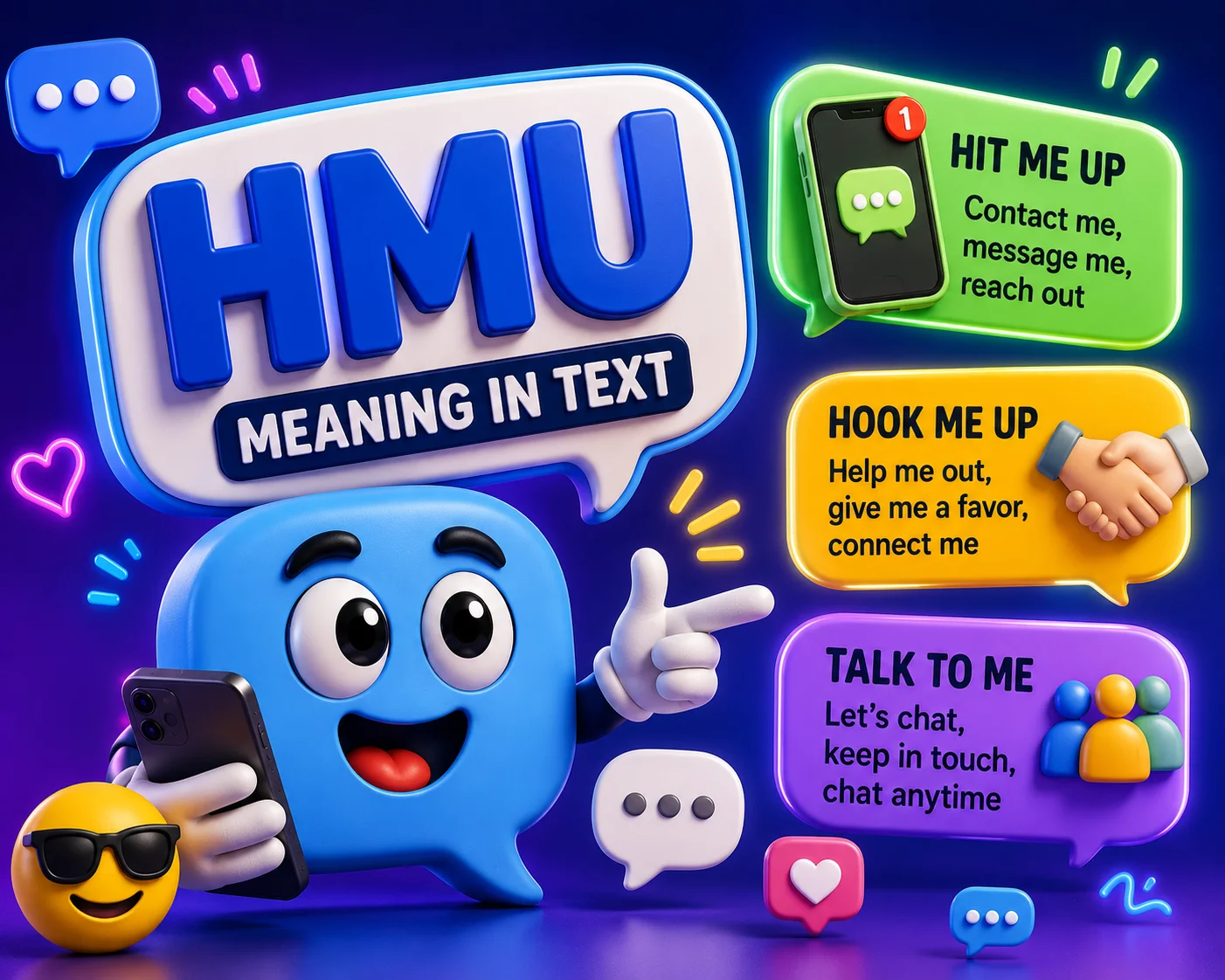 3D featured image illustrating HMU meaning in text with a cheerful chat bubble mascot holding a smartphone, highlighting the possible meanings Hit Me Up and Hook Me Up, surrounded by colorful messaging icons and social media chat elements.