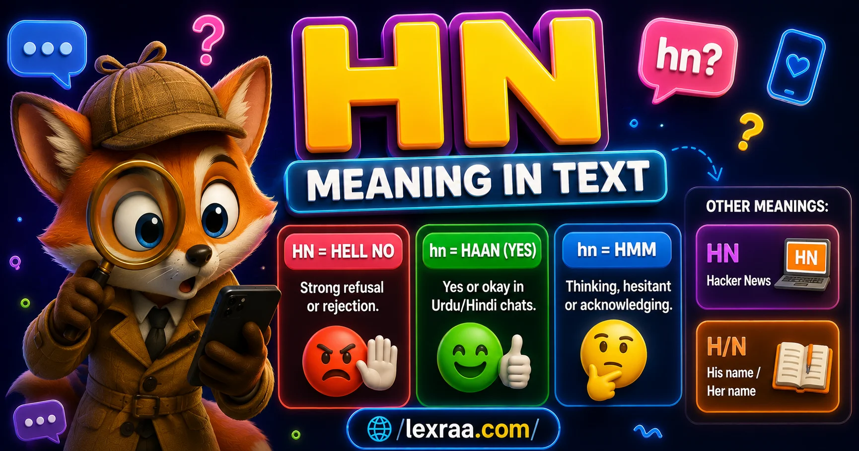 Cyber cat holding a smartphone beside the text “HN Meaning in Text,” illustrating the texting abbreviation HN and its meaning,