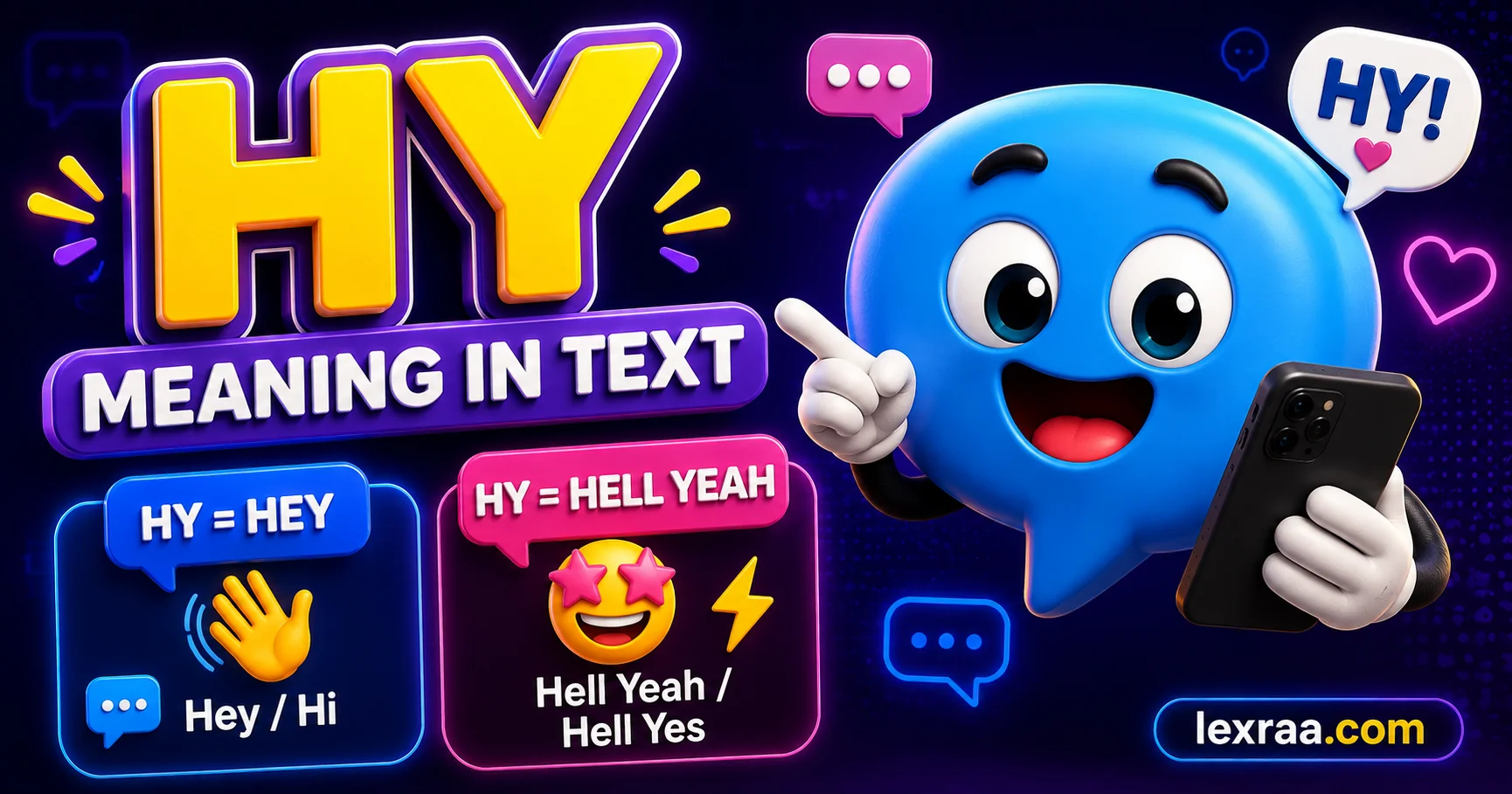 Glossy 3D featured image explaining HY meaning in text, showing HY as “Hey/Hi” and “Hell Yeah/Hell Yes,” with a cheerful blue chat bubble character holding a smartphone and lexraa.com branding.