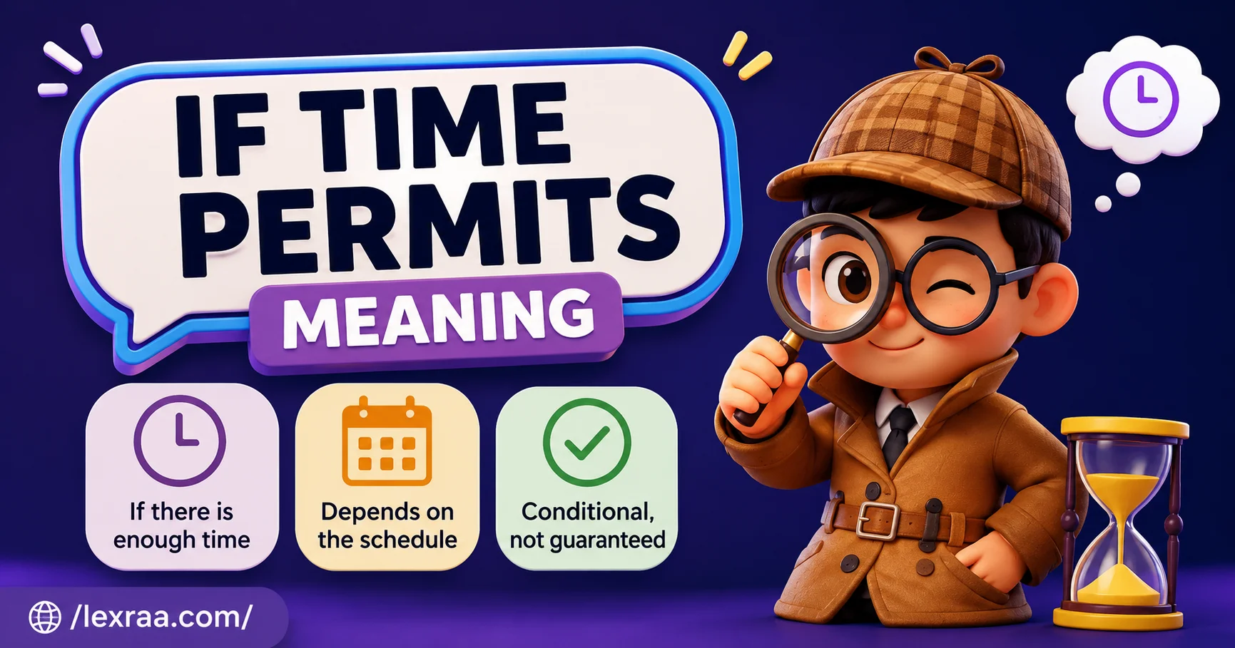 “If Time Permits meaning explained with a detective character, clock and hourglass icons, showing that the phrase means if there is enough time, depending on the schedule.”
